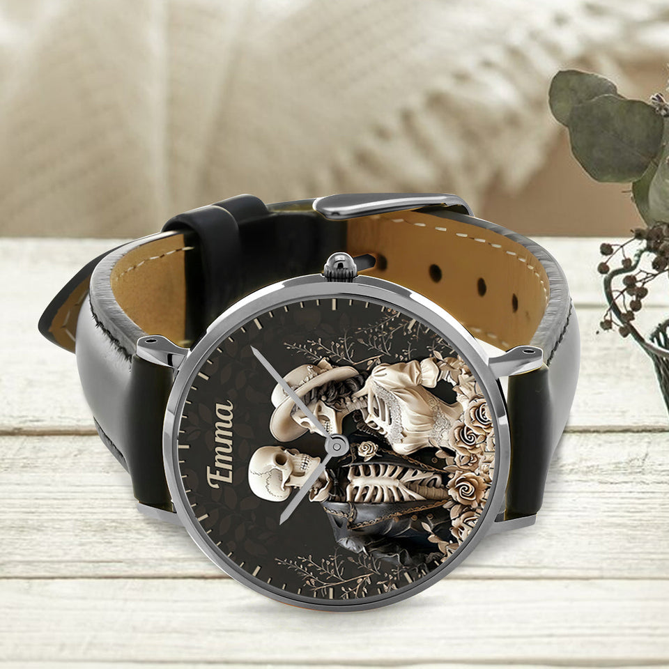 Couple Skull Watch Set With Case - Personalized Couple Hand Watch