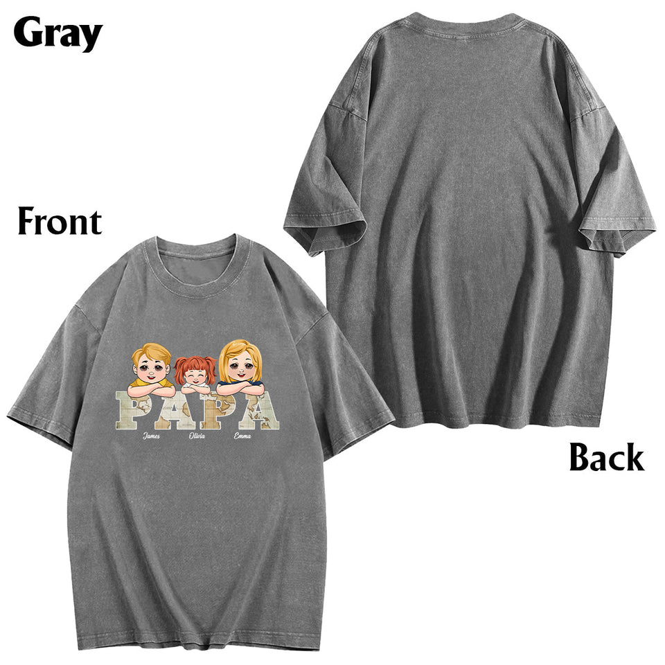 Vintage Map Papa Title - Personalized Father Wash T-shirt