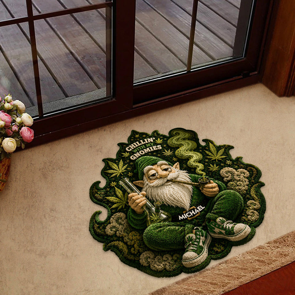 Smoking Gnome, It's 420 Somewhere - Personalized Weed Shaped Doormat/ Rug