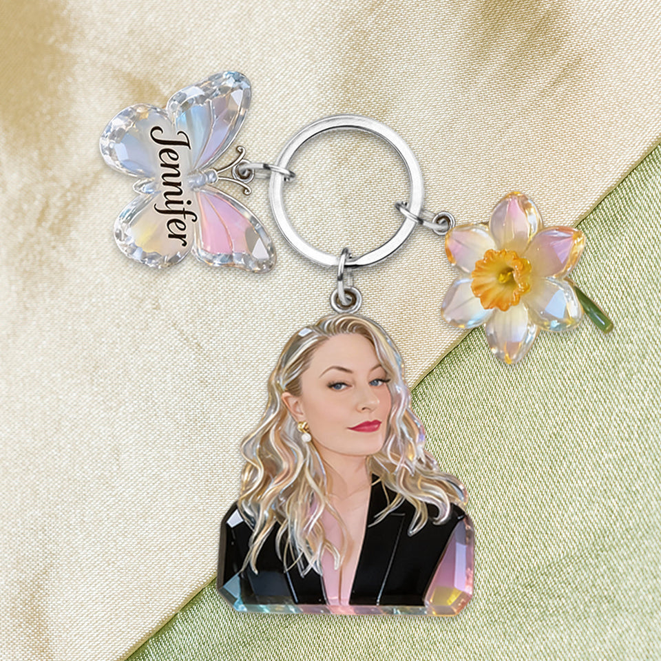 Custom Any Photo Birthmonth Flower - Personalized Self Love Keychain With Charms
