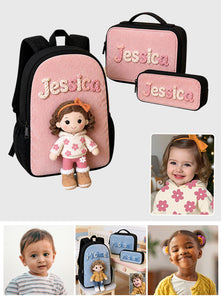 Kid Backpack, Lunch Bag, Pencil Case - Personalized Kid Back-To-School Combo & Plush Brooch