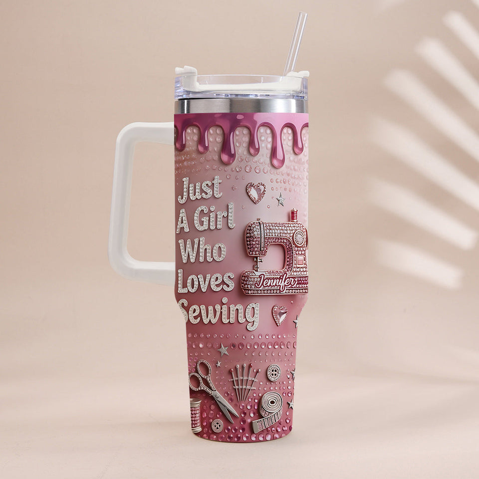 Just A Girl Who Loves Sewing - Personalized Sewing Tumbler With Handle