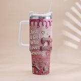 Just A Girl Who Loves Sewing - Personalized Sewing Tumbler With Handle