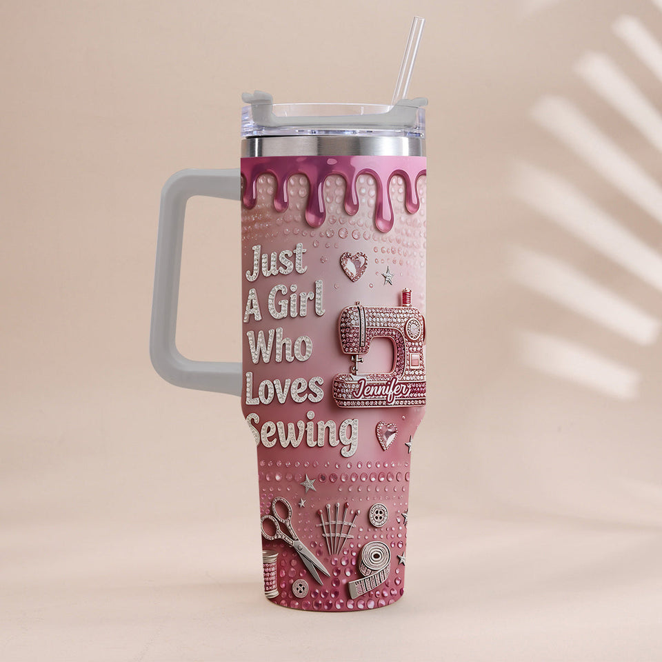 Just A Girl Who Loves Sewing - Personalized Sewing Tumbler With Handle