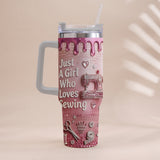 Just A Girl Who Loves Sewing - Personalized Sewing Tumbler With Handle