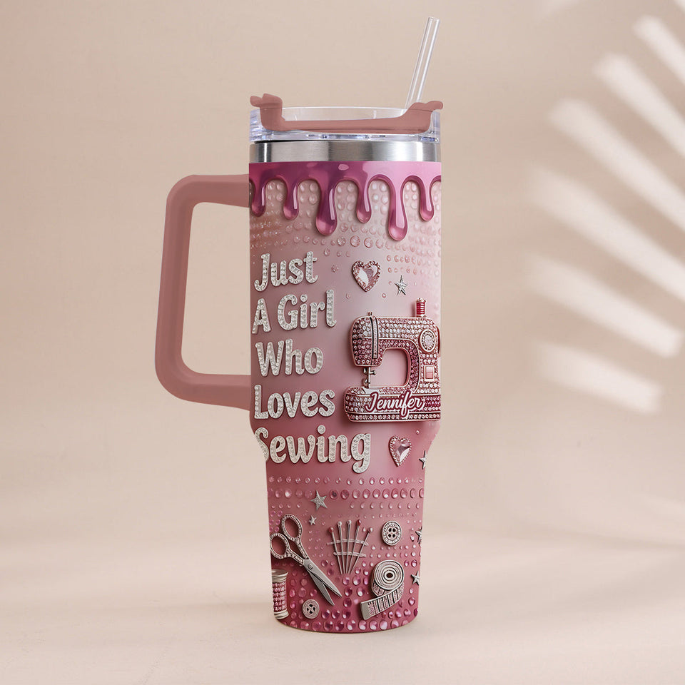 Just A Girl Who Loves Sewing - Personalized Sewing Tumbler With Handle