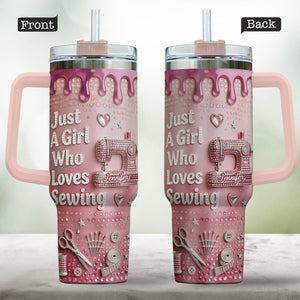 Just A Girl Who Loves Sewing - Personalized Sewing Tumbler With Handle