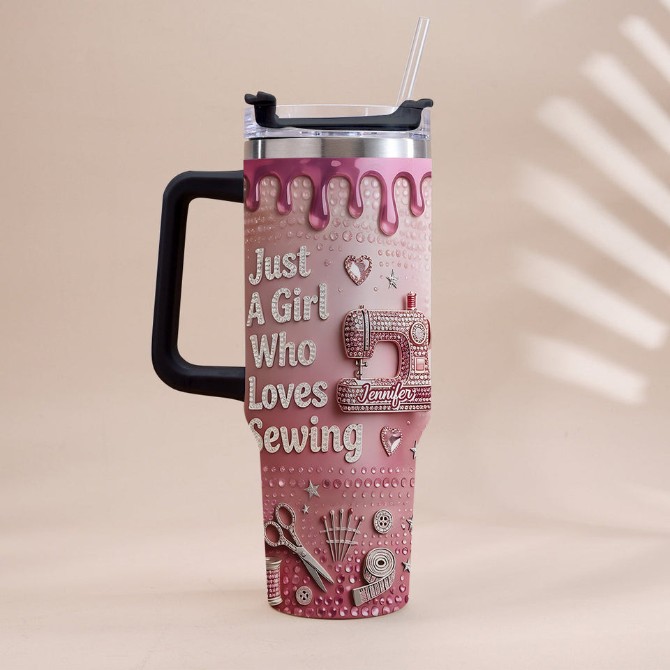 Just A Girl Who Loves Sewing - Personalized Sewing Tumbler With Handle