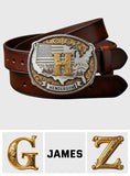 Custom Initial Buckle Belt, United State Map, Gift For Him - Personalized Patriot Leather Belt With Shaped Buckle