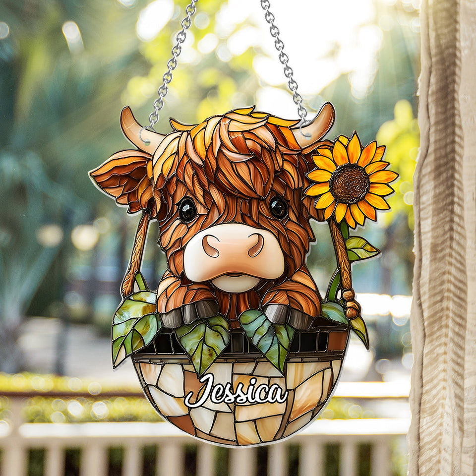 Cute Highland Cow And Sunflower - Personalized Highland Cow Window Hanging Suncatcher Ornament