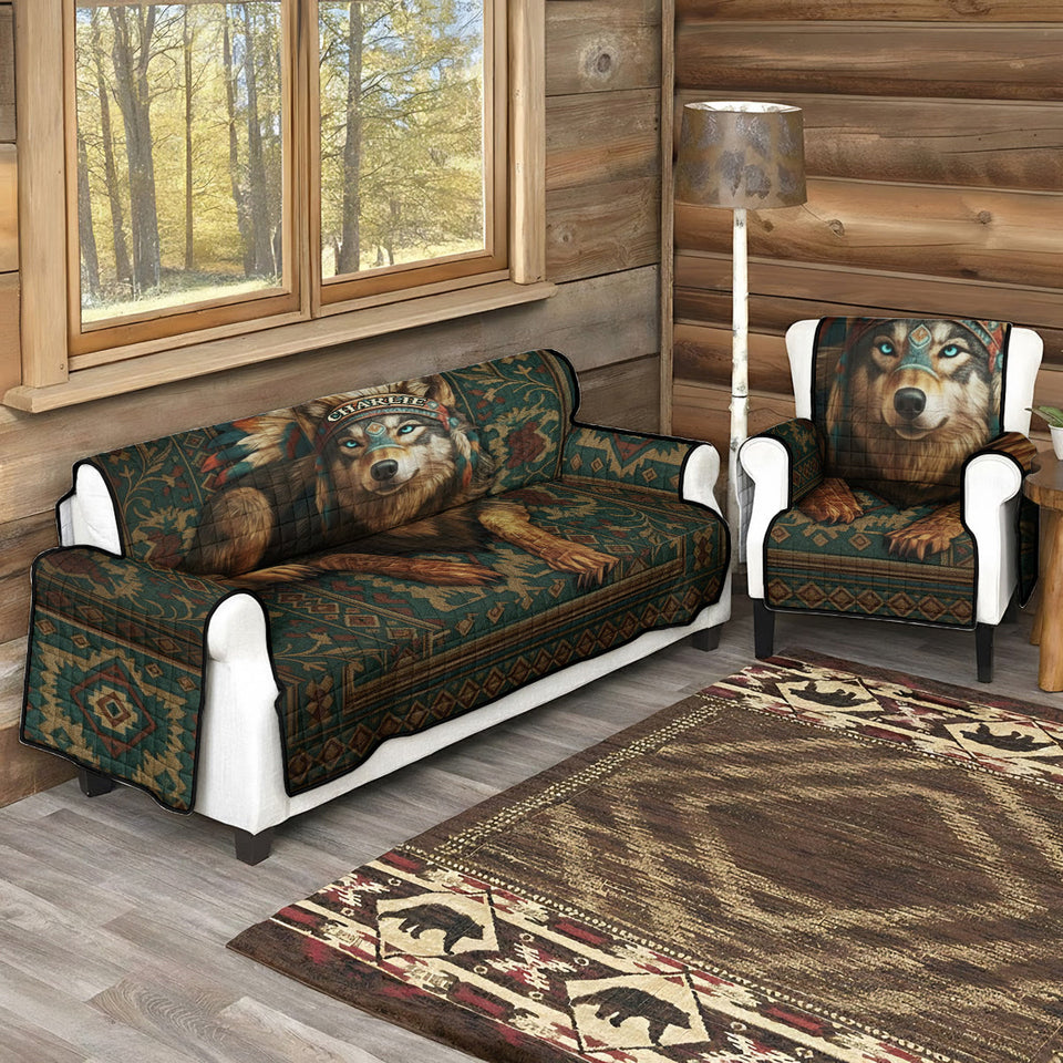 Native American Wolf - Personalized American Indian Quilted Sofa/Couch Cover