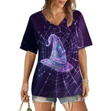 Beautiful Witch Hat In Spider Web - Personalized Witch Fully Printed V-Neck T-Shirt