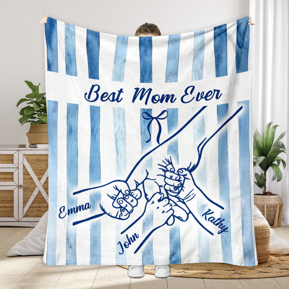 Best Mom Ever Hands Holding Retro Pastel Stripes - Personalized Mother Blanket