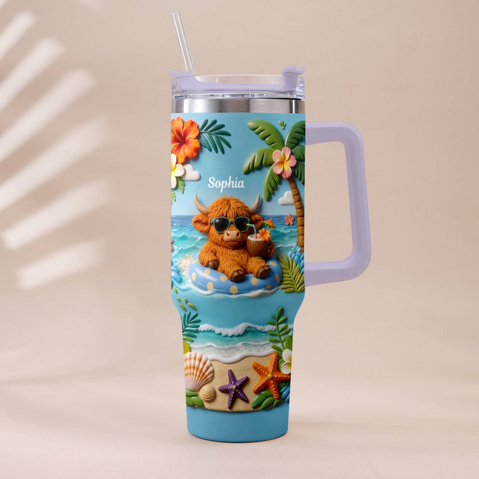Summer Vibes - Personalized Highland Cow Tumbler With Plush Charm