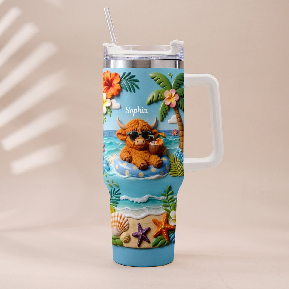 Summer Vibes - Personalized Highland Cow Tumbler With Plush Charm