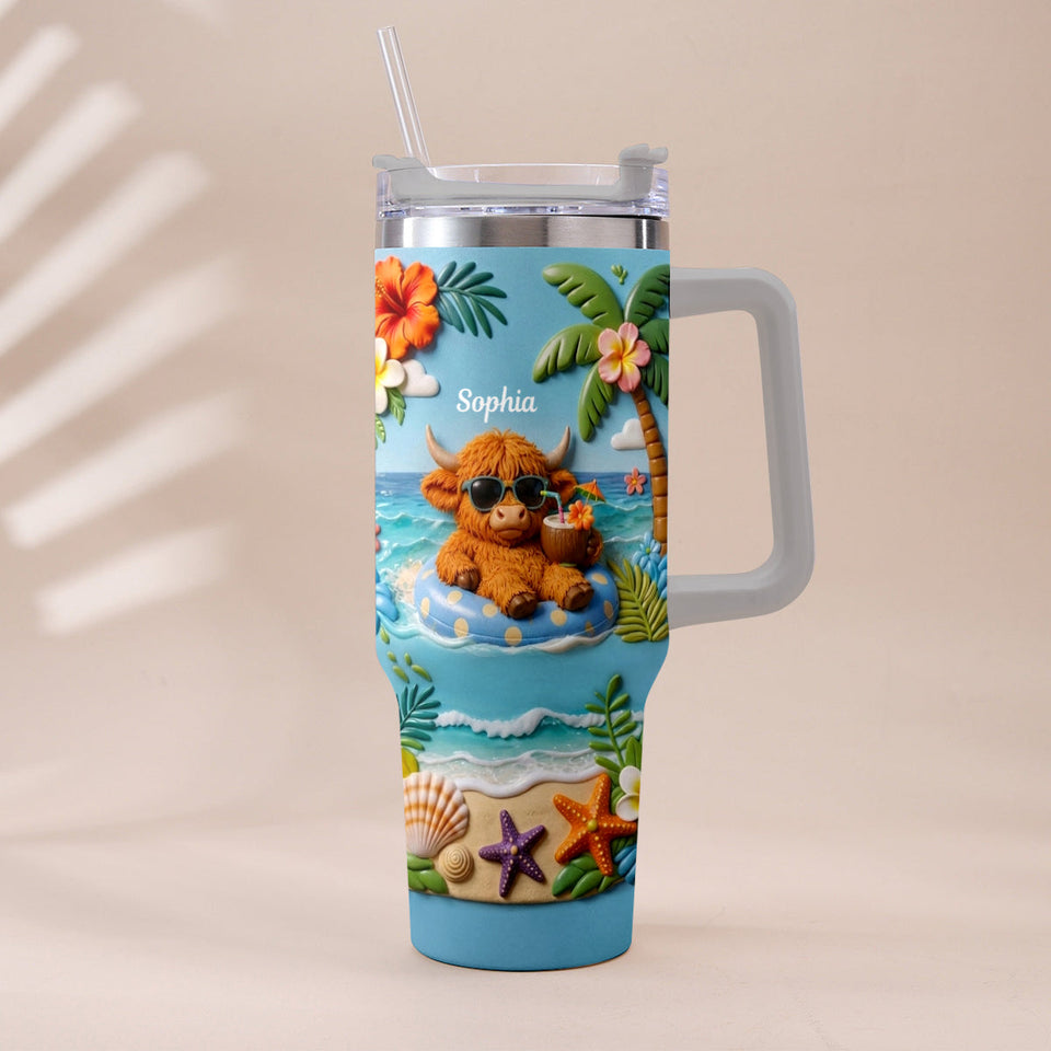 Summer Vibes - Personalized Highland Cow Tumbler With Plush Charm