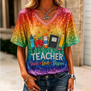 Teach Love Inspire - Personalized Teacher Fully Printed V-Neck T-Shirt