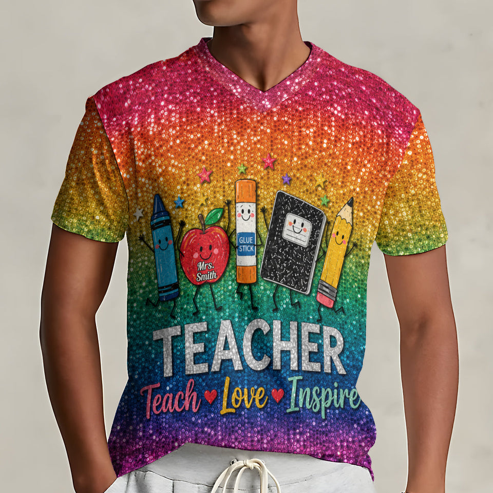 Teach Love Inspire - Personalized Teacher Fully Printed V-Neck T-Shirt