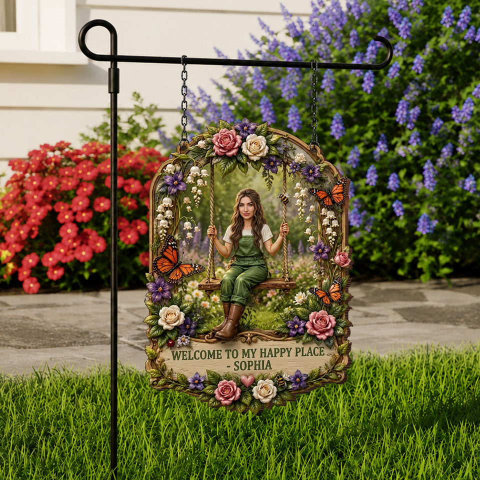 Welcome To My Happy Place - Personalized Gardening Wood Sign With Stake