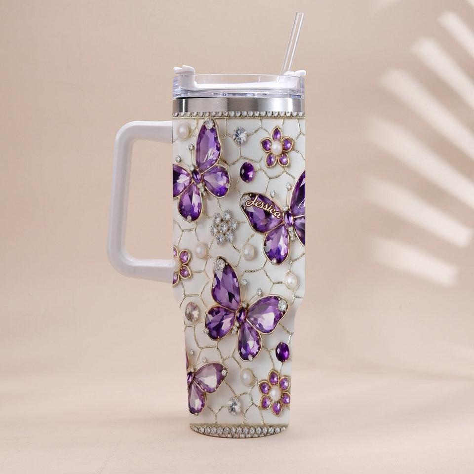 Love Butterflies - Personalized Butterfly Tumbler With Handle