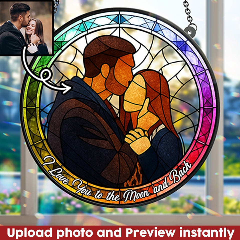 Custom Photo Portrait Couple Family Stained Glass Style - Personalized Couple Window Hanging Suncatcher Ornament