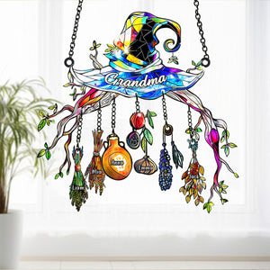 Grandma Mom Witch Hat - Personalized Grandma Window Hanging Suncatcher With Custom Charms