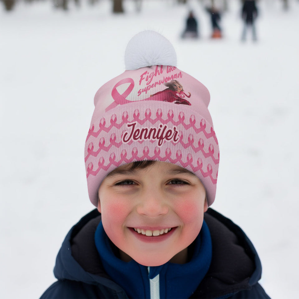 Fight Like a Superwoman, Breast Cancer Awareness - Personalized Breast Cancer Awareness Beanie Hat