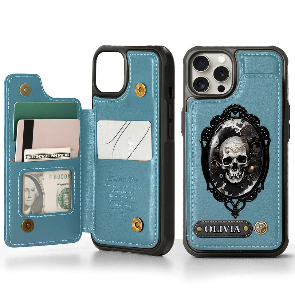 Gothic Floral Skull - Personalized Skull Wallet Phone Case