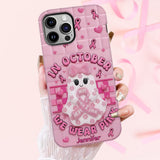 Coque de téléphone personnalisée avec un adorable fantôme et un message de sensibilisation au cancer du sein - Coque de téléphone imprimée intégralement pour la sensibilisation au cancer du sein