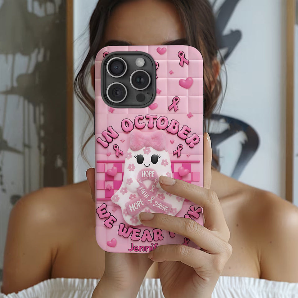 Coque de téléphone personnalisée avec un adorable fantôme et un message de sensibilisation au cancer du sein - Coque de téléphone imprimée intégralement pour la sensibilisation au cancer du sein
