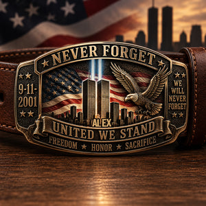 Never Forget - Personalized Patriot Leather Belt With Shaped Buckle