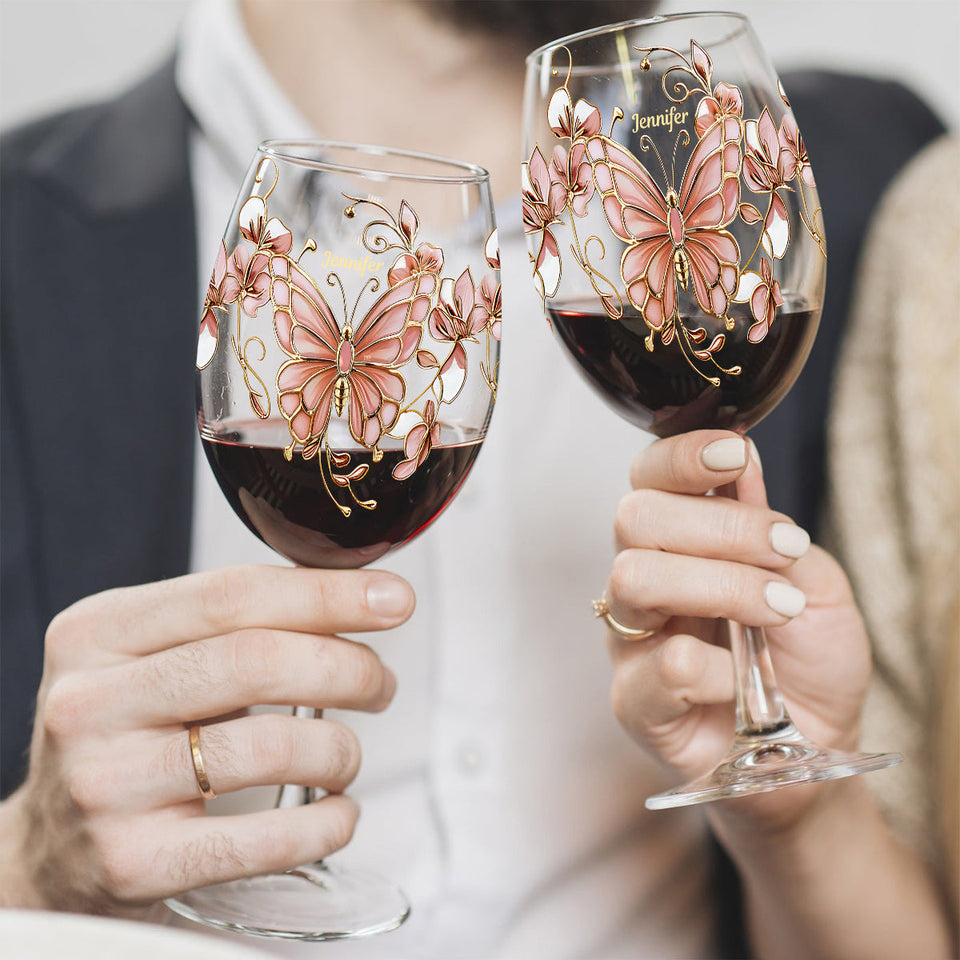 Pink Glass Butterfly - Personalized Butterfly Wine Glass With Long Stem