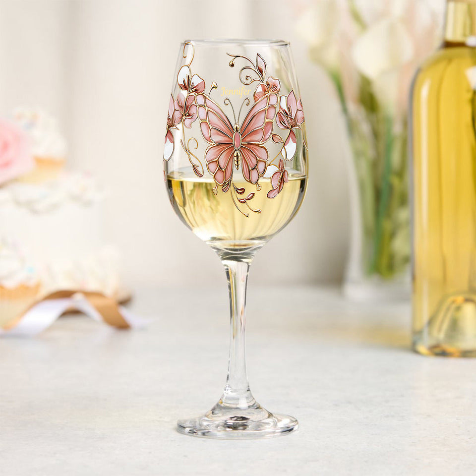 Pink Glass Butterfly - Personalized Butterfly Wine Glass With Long Stem