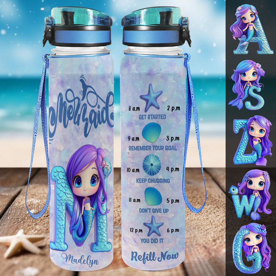 Cute Mermaid Alphabet Letter Custom Name - Personalized Mermaid Water Tracker Bottle