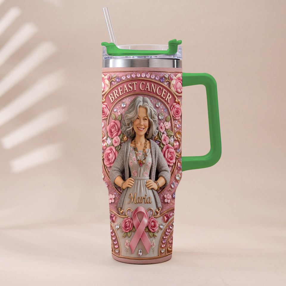 Hope Strength Love - Personalized Breast Cancer Awareness Tumbler With Plush Charm