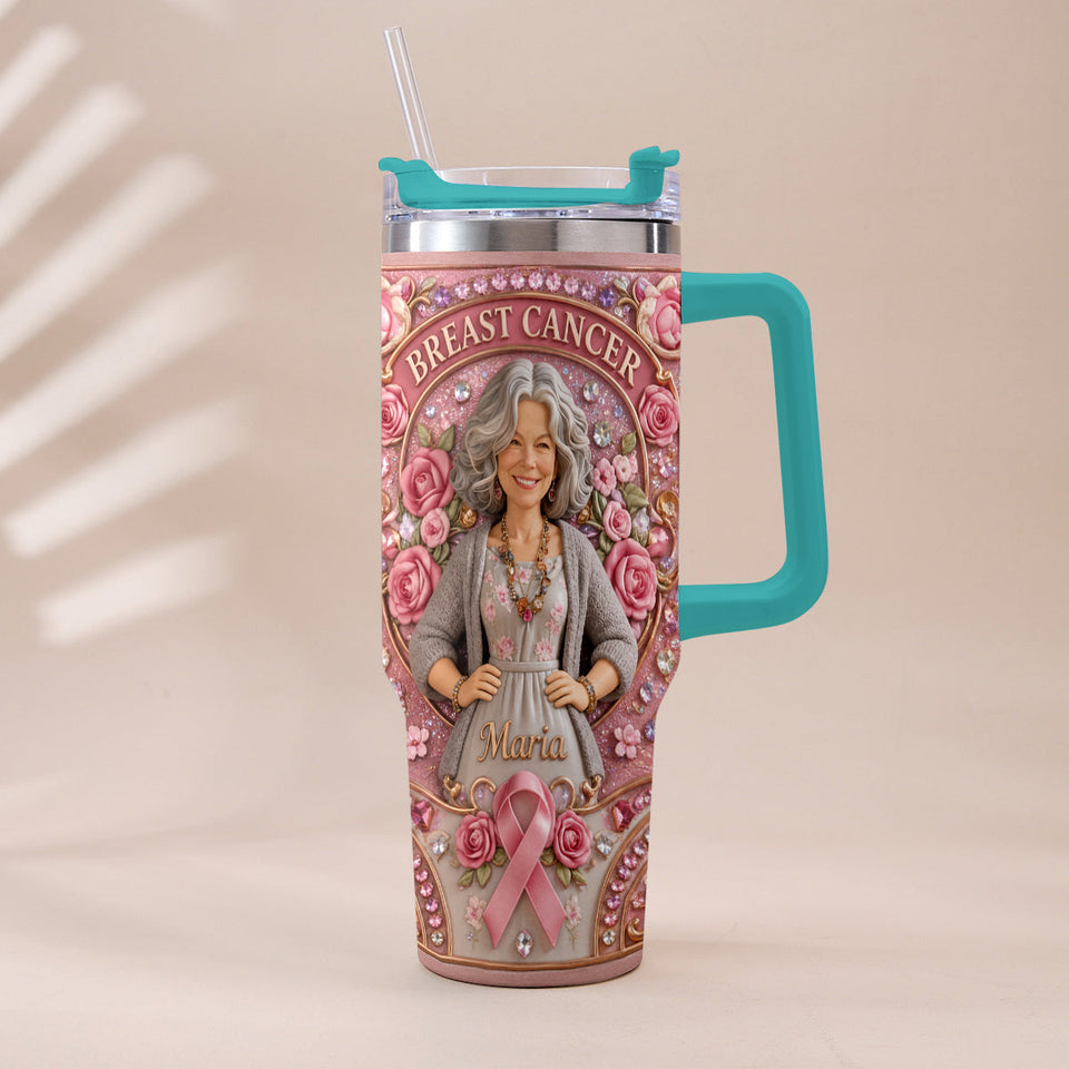Hope Strength Love - Personalized Breast Cancer Awareness Tumbler With Plush Charm