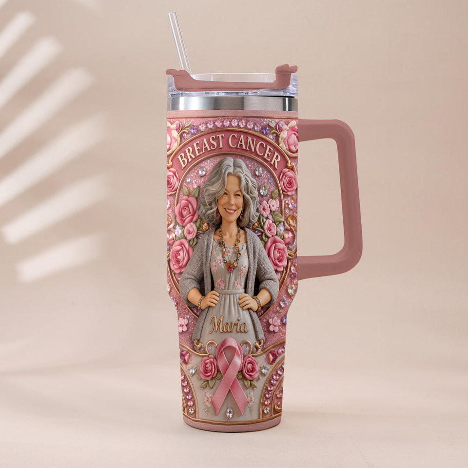 Hope Strength Love - Personalized Breast Cancer Awareness Tumbler With Plush Charm