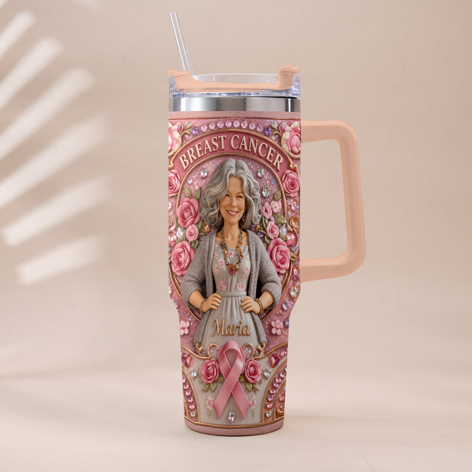 Hope Strength Love - Personalized Breast Cancer Awareness Tumbler With Plush Charm