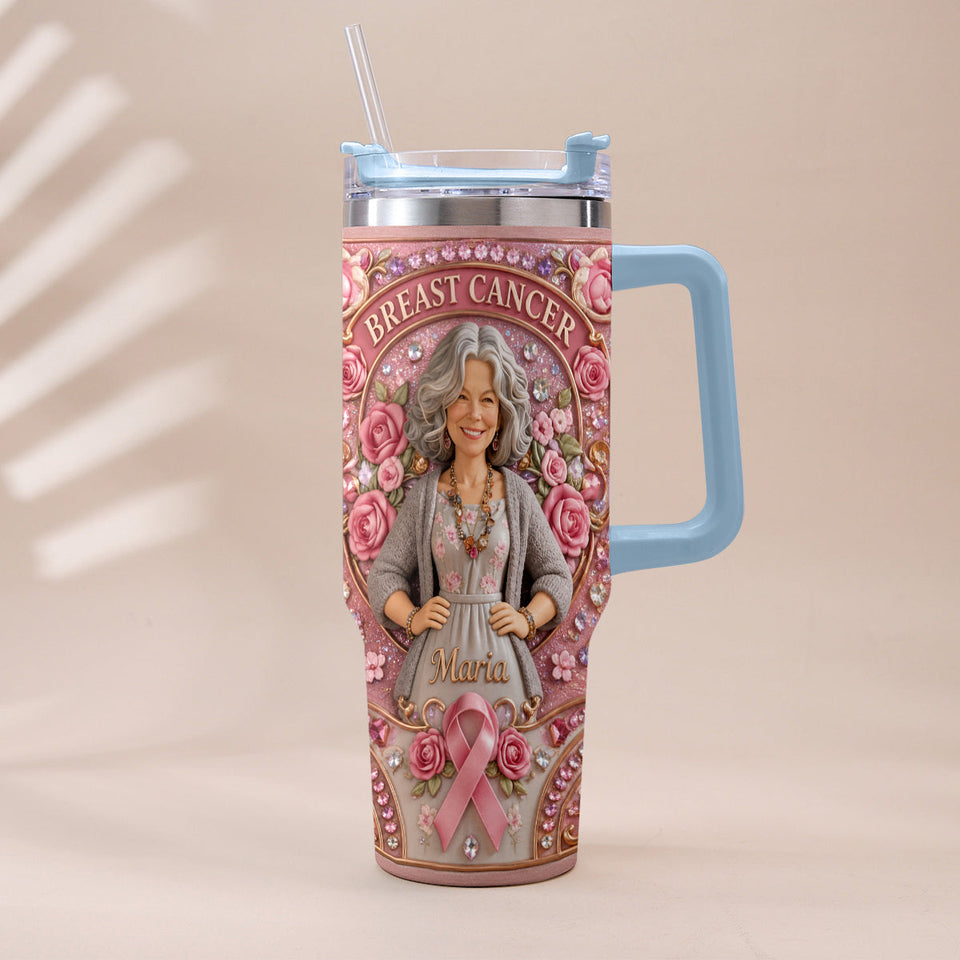 Hope Strength Love - Personalized Breast Cancer Awareness Tumbler With Plush Charm
