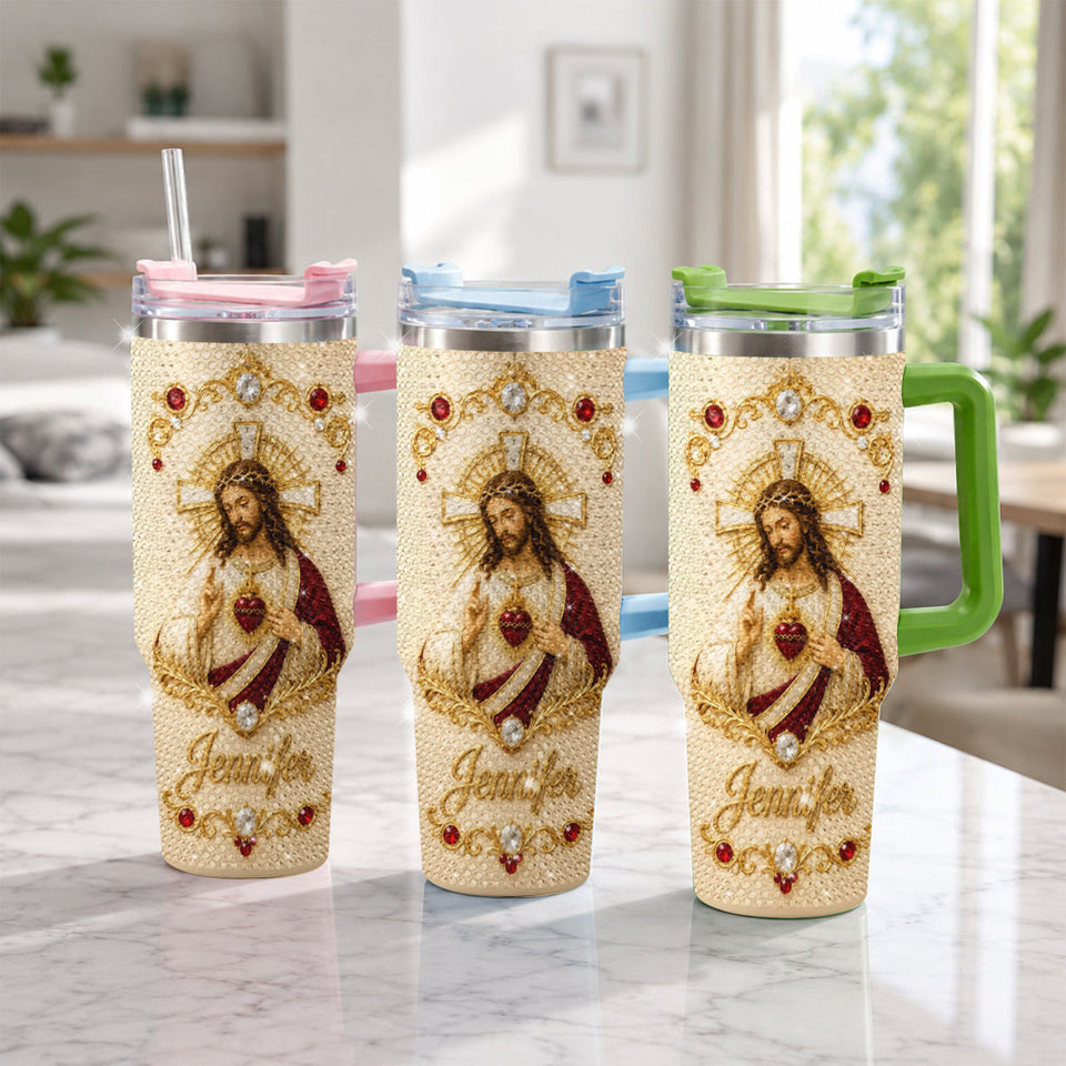 God Bless You - Personalized Christian Rhinestone Tumbler With Handle