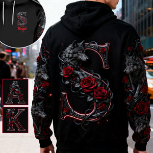 Wolf And Roses, Initial Customize - Personalized Wolf All Over Shirt
