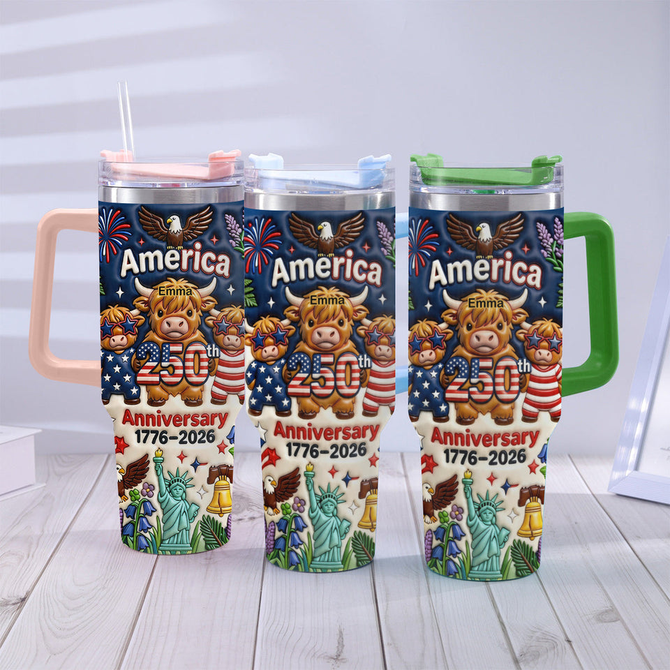 Cute Highland Cow America 250th Anniversary - Personalized Highland Cow Tumbler With Handle