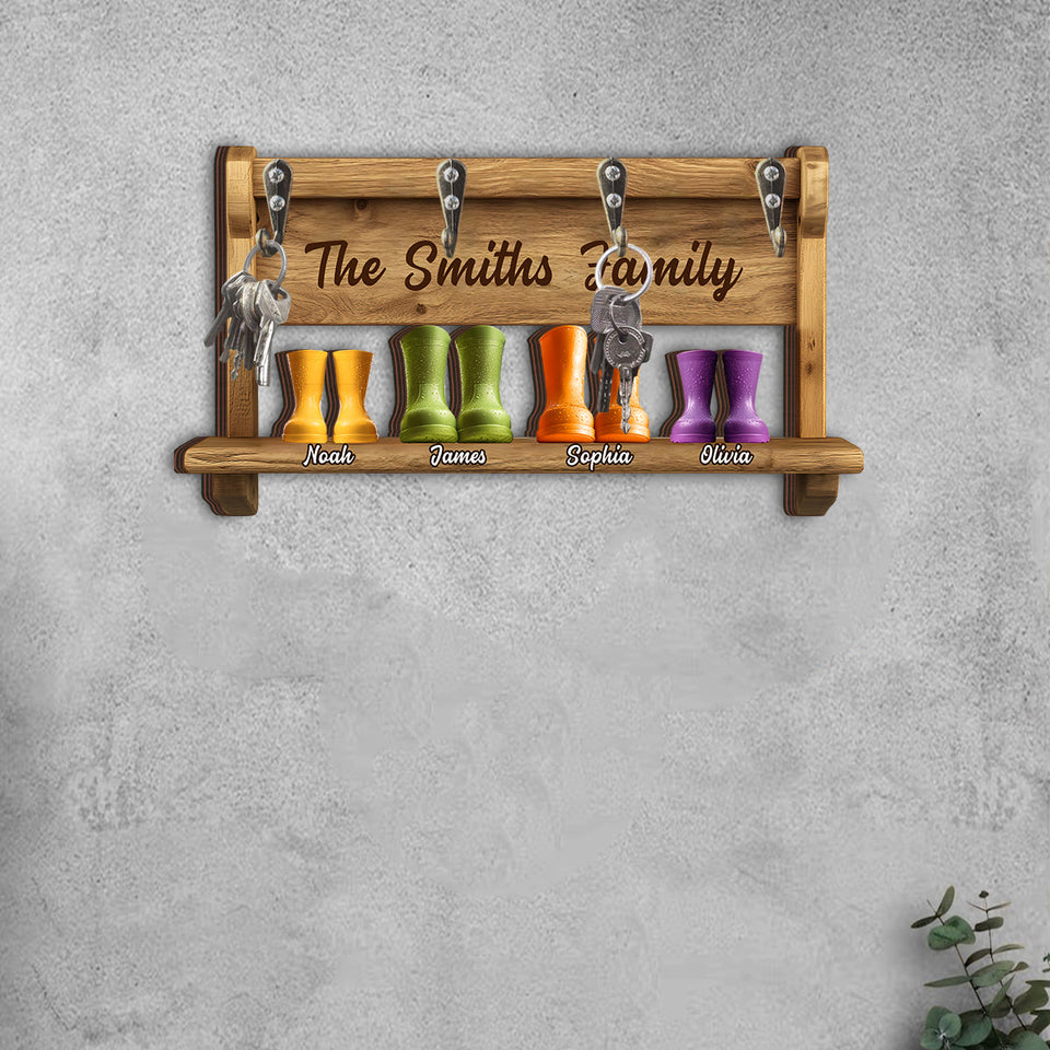 Family Funny Keyrack, Rain Boots Family - Personalized Family Custom Shaped Key Rack