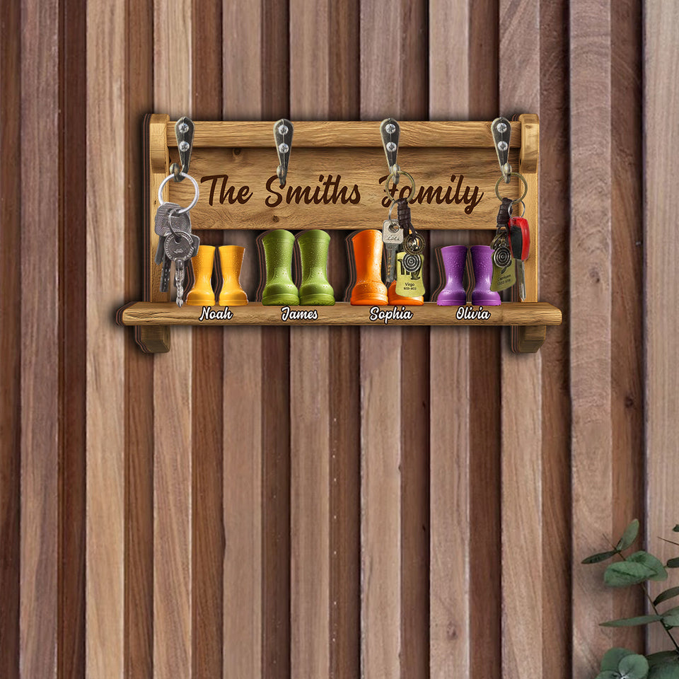 Family Funny Keyrack, Rain Boots Family - Personalized Family Custom Shaped Key Rack