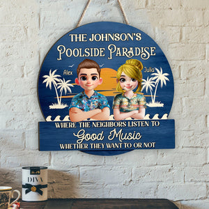 Poolside Paradise - Personalized Couple Custom Shaped Wood Sign