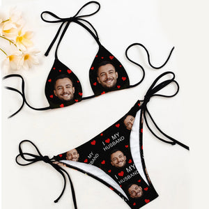 I Love My Husband - Personalized Couple Triangle Bikini Swimsuit And Men Shorts
