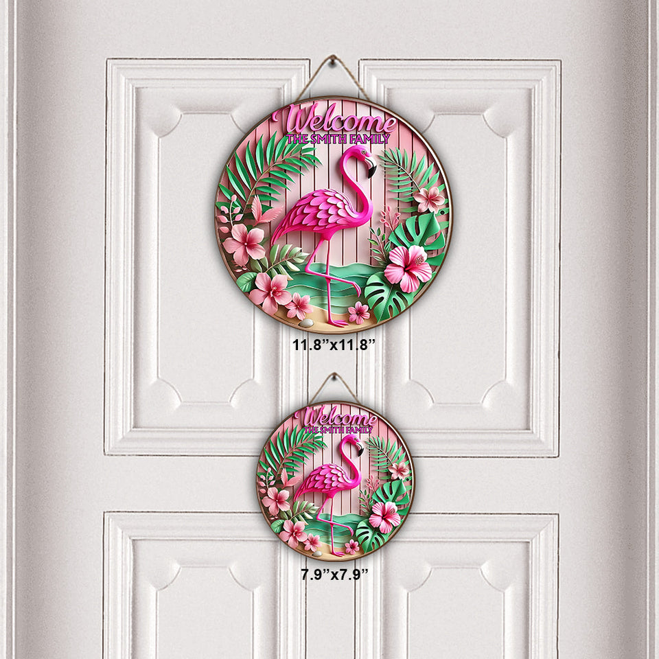 Welcome - Personalized Flamingo Round Wood Sign