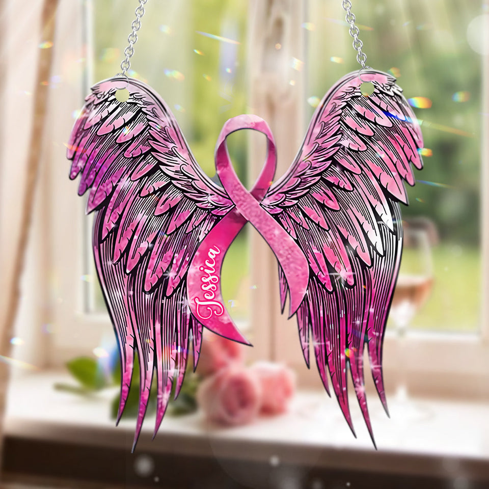 Sensibilisation au cancer du sein - Aile d'ange ruban rose - Décoration attrape-soleil personnalisée à suspendre à la fenêtre pour la sensibilisation au cancer du sein 