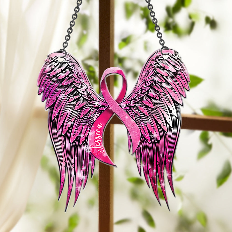 Sensibilisation au cancer du sein - Aile d'ange ruban rose - Décoration attrape-soleil personnalisée à suspendre à la fenêtre pour la sensibilisation au cancer du sein 
