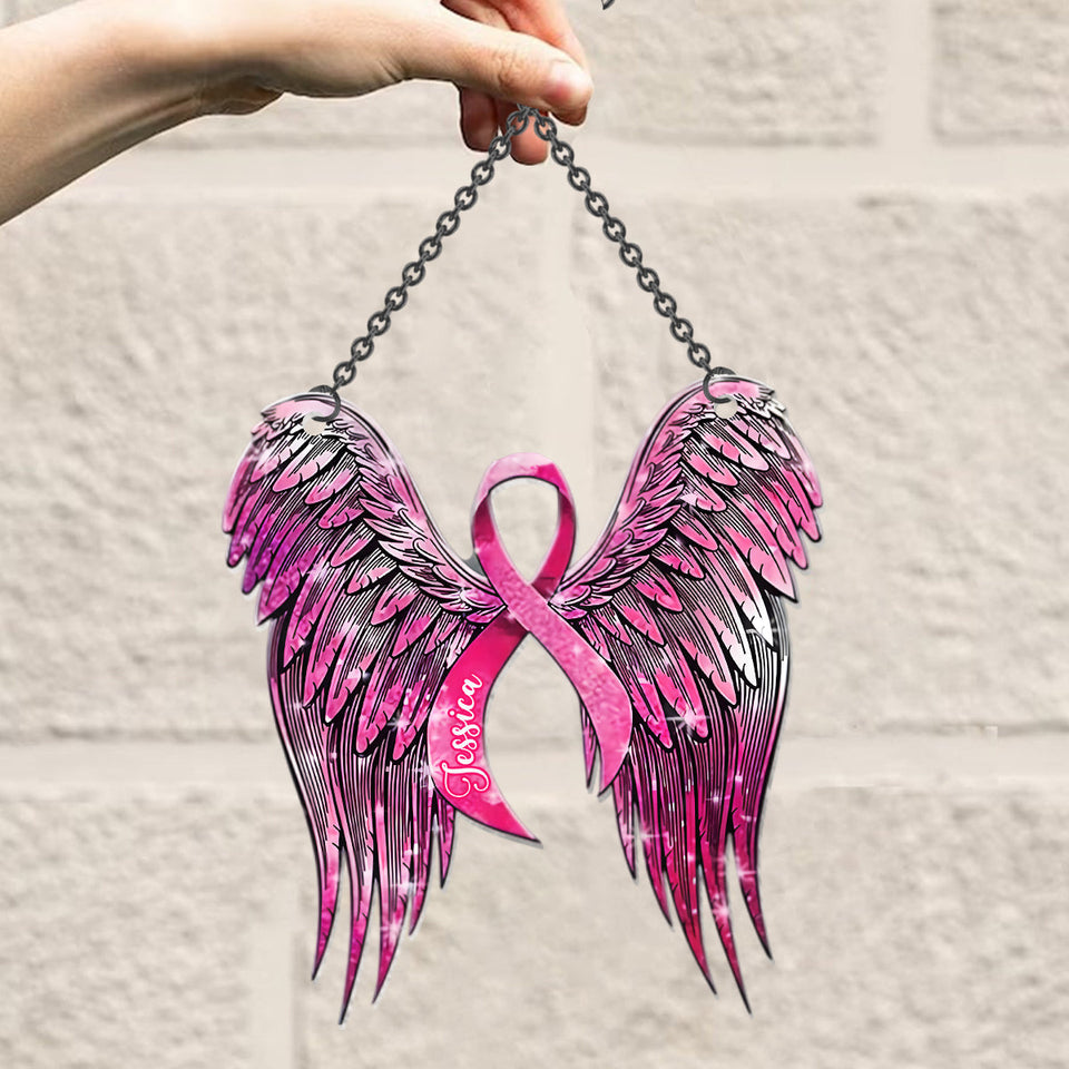 Sensibilisation au cancer du sein - Aile d'ange ruban rose - Décoration attrape-soleil personnalisée à suspendre à la fenêtre pour la sensibilisation au cancer du sein 